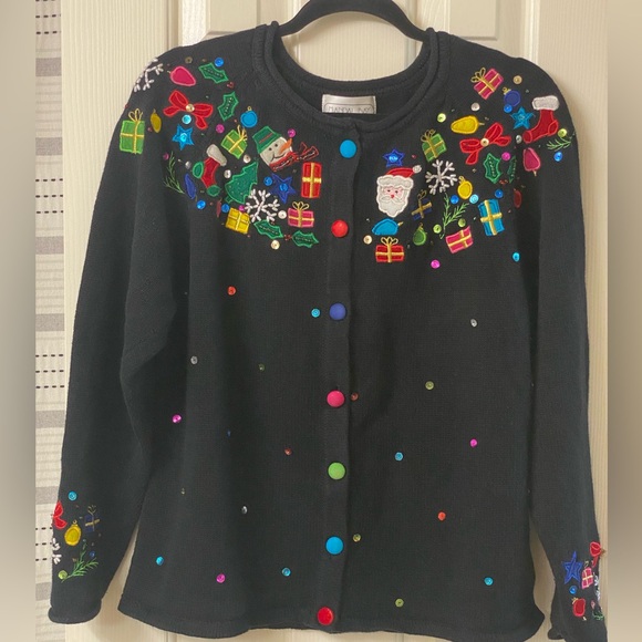 Mandal Bay Festive Black Holiday Cardigan with Colorful Embellishments Size XL - Picture 16 of 16